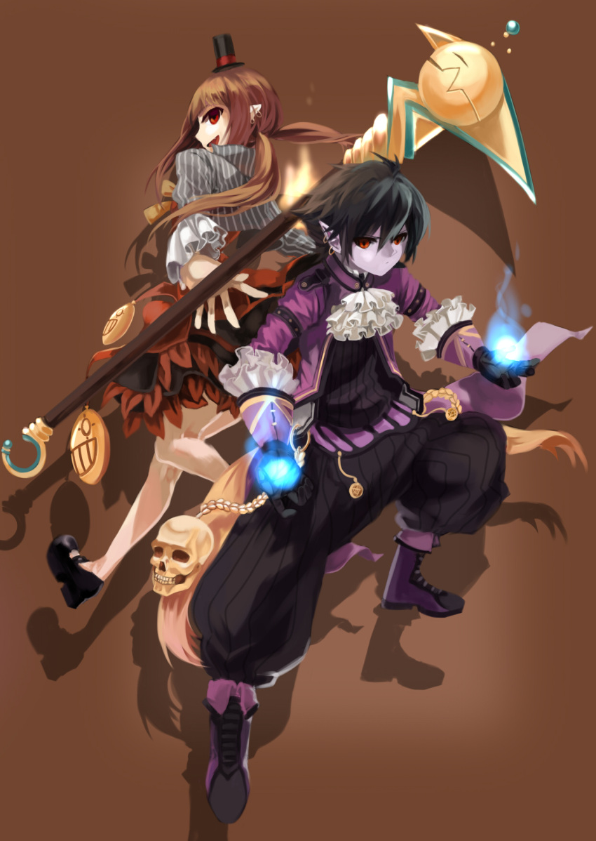 1boy black_hair brown_hair dnf dungeon_and_fighter elf_ears female highres mage mage_(dungeon_and_fighter) male_mage pointy_ears skull skulls staff