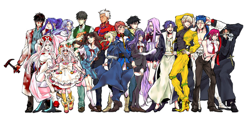 6+boys 6+girls alexander_anderson alexander_anderson_(cosplay) amestris_military_uniform amuro_ray amuro_ray_(cosplay) annotated archer_(fate) artoria_pendragon_(fate) bazett_fraga_mcremitz bishoujo_senshi_sailor_moon commentary_request cooking_idol_ai!_mai!_main! cosplay cowboy_bebop crossover cu_chulainn_(fate) cu_chulainn_(fate/stay_night) dio_brando dio_brando_(cosplay) dual_persona emiya_kiritsugu emiya_shirou fate/hollow_ataraxia fate/stay_night fate/zero fate_(series) fullmetal_alchemist gilgamesh_(fate) gundam hellsing highres hiiragi_mine hiiragi_mine_(cosplay) houshin_engi illyasviel_von_einzbern irisviel_von_einzbern jigoku_sensei_nube jojo_no_kimyou_na_bouken kafka_sunbeam kafka_sunbeam_(cosplay) kamui_gakupo kamui_gakupo_(cosplay) katsura_kotonoha katsura_kotonoha_(cosplay) konjiki_no_gash!! kotomine_kirei kounaien kuzuki_souichirou md5_mismatch medea_(fate) medusa_(fate) medusa_(rider)_(fate) military military_uniform miyata_shirou miyata_shirou_(cosplay) mobile_suit_gundam multiple_boys multiple_crossover multiple_girls neon_genesis_evangelion ootori_akio ootori_akio_(cosplay) riza_hawkeye riza_hawkeye_(cosplay) rurouni_kenshin saber_(fate) sagara_sanosuke sagara_sanosuke_(cosplay) sailor_pluto sailor_pluto_(cosplay) sasaki_kojirou_(fate) school_days shoujo_kakumei_utena siren_(series) siren_1 so_dakki souryuu_asuka_langley souryuu_asuka_langley_(cosplay) spike_spiegel spike_spiegel_(cosplay) stardust_crusaders the_king_of_fighters thighhighs time_paradox tohsaka_rin twintails uniform vanessa_(kof) vanessa_(kof)_(cosplay) vocaloid yukime_(jigoku_sensei_nube) yukime_(jigoku_sensei_nube)_(cosplay)