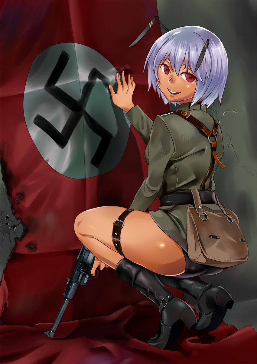 antennae belt black_footwear boots commentary female finger_on_trigger flag ginjuuji gun handgun highres holding holding_gun holding_weapon light_purple_hair looking_back luger_p08 military military_uniform open_mouth original pouch red_eyes short_hair shoulder_belt smile solo squatting suspenders swastika thigh_strap uniform weapon