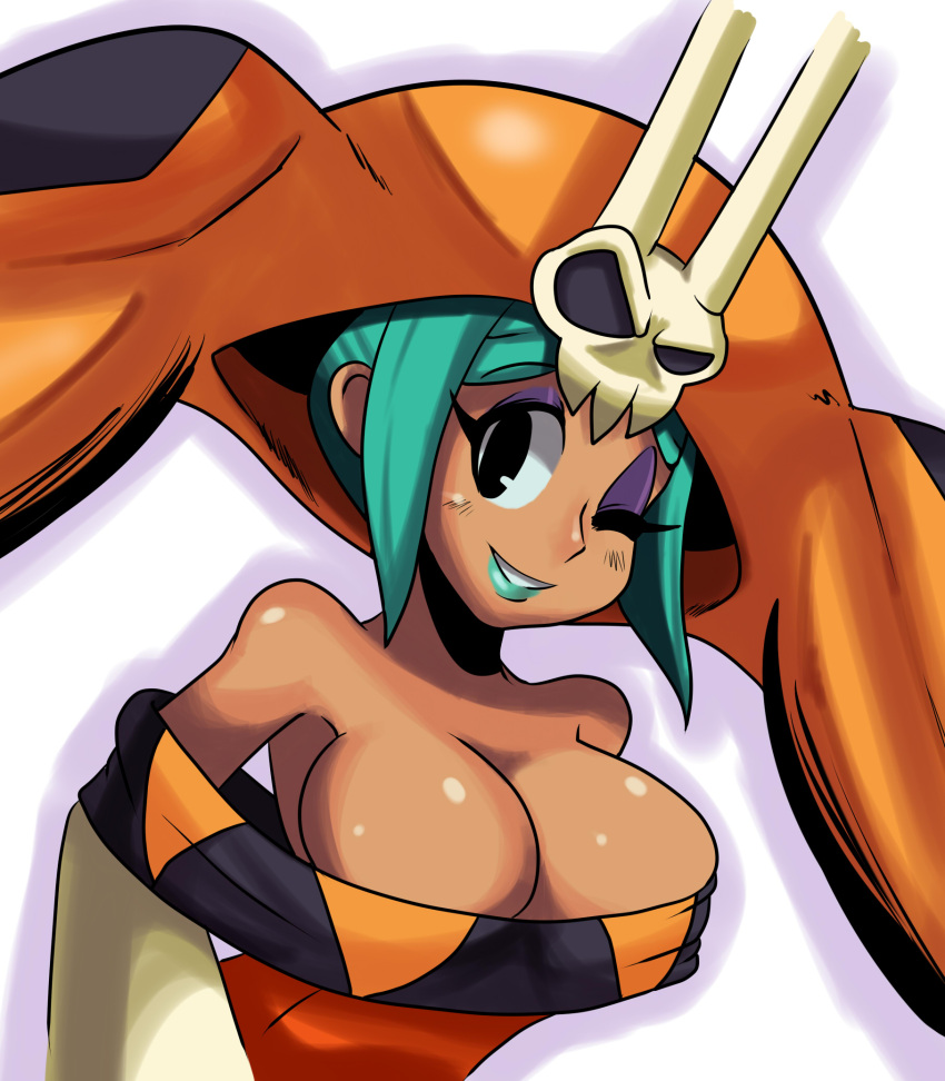 black_eyes breasts cerebella_(skullgirls) cleavage dark_skin detached_sleeves eric_lowery female green_hair hat highres large_breasts lipstick makeup short_hair simple_background skull skullgirls sleeves_past_wrist sleeves_past_wrists smile solo ss2_(artist) vice-versa_(skullgirls) white_background wink