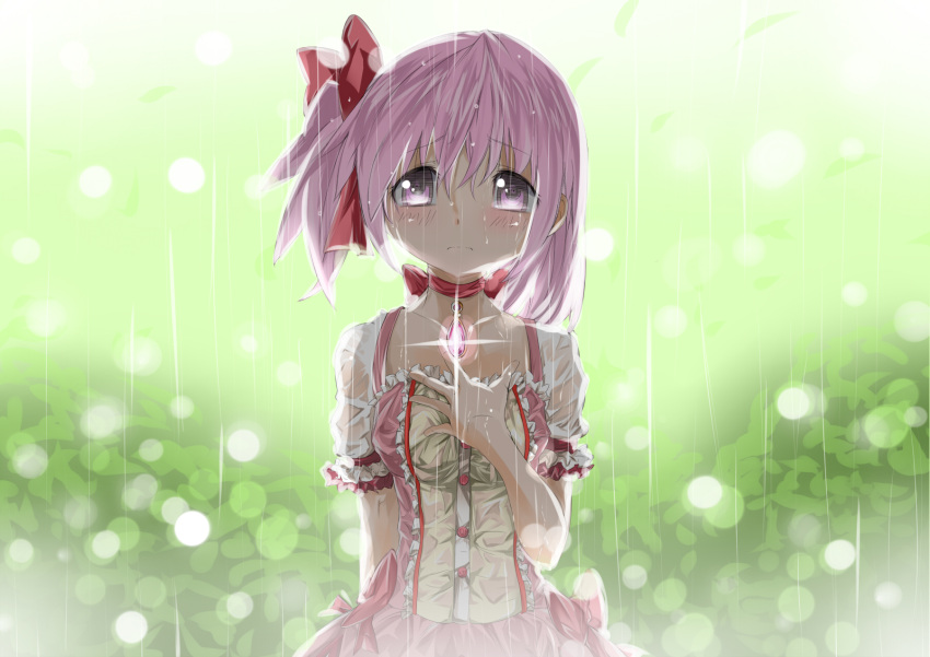 asymmetrical_hair blush bow commentary_request female hair_half_undone hand_on_own_chest highres kaname_madoka kaname_madoka_(magical_girl) magical_girl mahou_shoujo_madoka_magica mahou_shoujo_madoka_magica_(anime) one_side_up partial_commentary pink_eyes pink_hair rain s040784 short_hair solo soul_gem wet