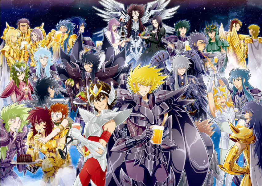 2girls 6+boys alcohol andromeda_shun annotated aquarius_camus aries_muu aries_shion armor athena_(saint_seiya) beer billy_(bbr) cancer_death_mask capricorn_shura commentary_request cup cygnus_hyouga dragon_shiryuu drinking eating everyone food fork fruit garuda_aiacos gemini_kanon gemini_saga gold_armor gold_saint griffin_minos hades_(saint_seiya) holding holding_cup holding_food holding_fork holding_fruit holding_tray kido_saori kiki_(saint_seiya) leo_aiolia libra_douko looking_at_another metal_wings multiple_boys multiple_girls pandora_(saint_seiya) pegasus_seiya phoenix_ikki pisces_aphrodite sagittarius_aioros saint_seiya scorpio_milo sky smile sparkle spilling star_(sky) starry_sky taurus_aldebaran tray virgo_shaka wine wings wyrven_rhadamanthys