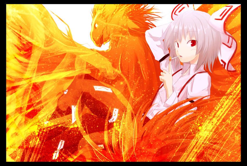 alternate_hair_length alternate_hairstyle bad_id bad_pixiv_id bird bird_wings cigarette female fiery_wings fire fujiwara_no_mokou grey_hair highres houmatu_awa long_sleeves open_mouth pants phoenix red_eyes short_hair solo suspenders touhou wings