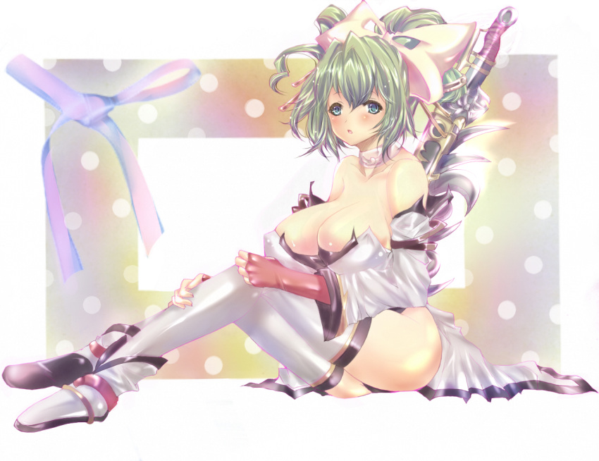 :o aged_up amatsuba_mimina aqua_eyes bad_id bad_pixiv_id bare_shoulders black_panties blush breasts cleavage cosplay detached_sleeves female green_hair hair_ornament hair_ribbon huge_breasts legs mihiro_ardygun nanbu_kaguya nanbu_kaguya_(cosplay) panties ribbon shiny_skin shoes sitting solo super_robot_wars sword thighhighs underwear weapon white_thighhighs