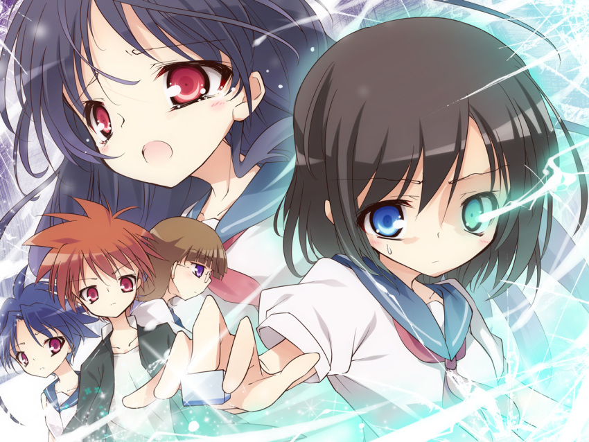 5girls bad_id bad_pixiv_id blue_eyes blue_hair brown_hair eguchi_sera electricity funakubo_hiroko glasses glowing glowing_eye heterochromia itsutsuki long_hair mahjong mahjong_tile multiple_girls nijou_izumi onjouji_toki red_eyes saki_(manga) saki_achiga-hen school_uniform senriyama_school_uniform shimizudani_ryuuka short_hair tears