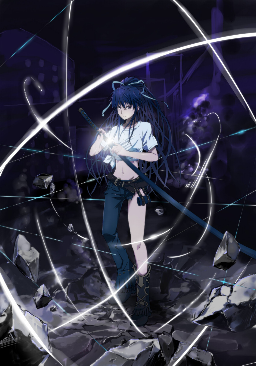 asymmetrical_clothes asymmetrical_legwear attack belt blue_hair boots breasts commentary_request cowboy_boots debris delf denim female fighting_stance garrote hair_ribbon highres holding holding_sword holding_weapon huge_weapon jeans kanzaki_kaori katana large_breasts long_hair midriff navel night ootachi outdoors pants ponytail purple_eyes ready_to_draw ribbon sheath sheathed shichiten_shichitou shirt single_pantsleg solo sword t-shirt taut_clothes taut_shirt tied_shirt toaru_majutsu_no_index very_long_hair weapon wire