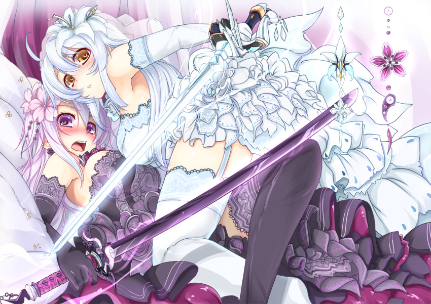 2girls black_gloves black_legwear blush breasts commentary_request cu-no dress elbow_gloves flower garter_straps gloves hair_flower hair_ornament hisen_kaede holding large_breasts long_hair lying multiple_girls official_art on_back open_mouth photoshop_(medium) purple_eyes purple_hair rapua_qive sword tears thighhighs weapon white_gloves white_hair white_legwear yayoi_sakura yellow_eyes