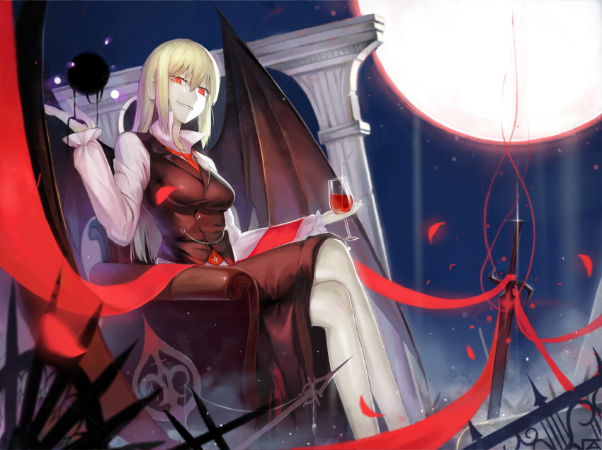 adapted_costume aged_up bat_wings blonde_hair boots breasts commentary_request crossed_legs cupping_glass darkness ex-rumia female glass grin highres keli_bang long_hair long_sleeves medium_breasts moon necktie night oerba_yun_fang open_mouth red_eyes red_moon red_necktie ribbon rumia sidelocks sitting smile smirk solo sword thighhighs touhou very_long_hair weapon wings