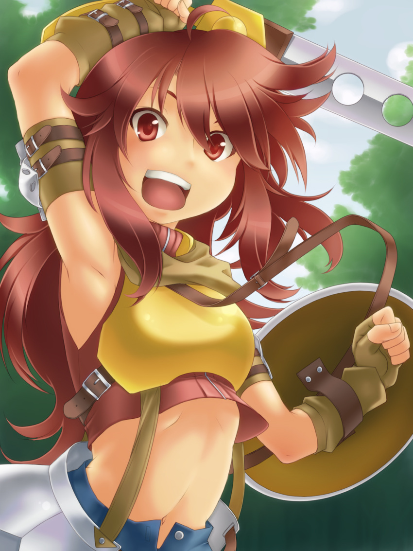 armor armpits brown_hair commentary_request dark-skinned_female dark_skin female highres midriff navel orippa photoshop_(medium) sekaiju_no_meikyuu sekaiju_no_meikyuu_1 shield solo sword swordsman_(sekaiju) swordsman_2_(sekaiju) weapon