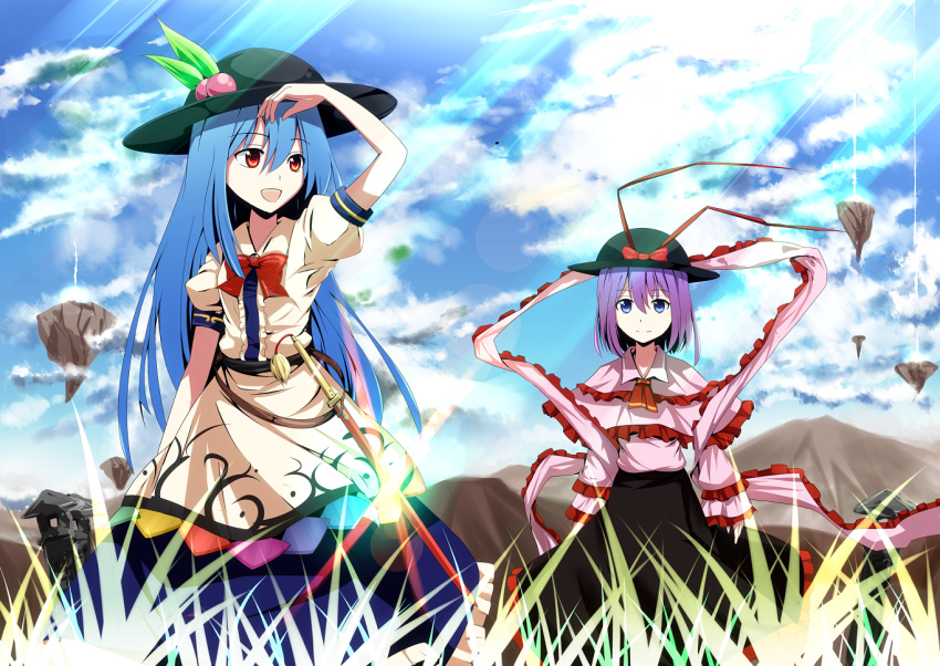 2girls :d bad_id bad_pixiv_id blue_eyes blue_hair bow grass hat hat_ribbon hidaka_kouyou hinanawi_tenshi long_hair long_skirt multiple_girls nagae_iku open_mouth purple_hair red_eyes ribbon skirt smile sword_of_hisou touhou