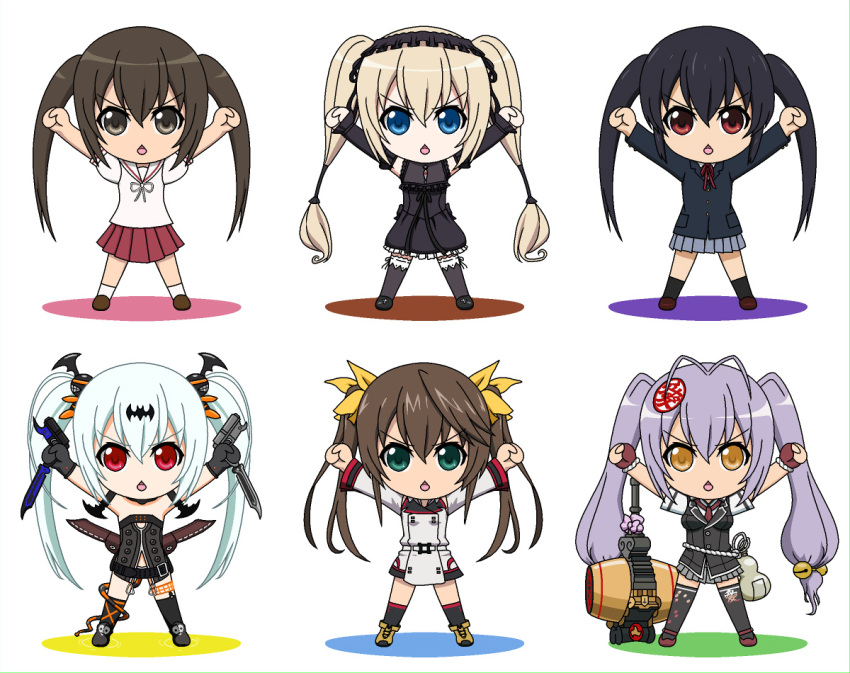 6+girls alice_(queen's_gate) aqua_hair black_hair black_legwear blonde_hair blue_eyes brown_eyes brown_hair chestnut_mouth chibi commentary_request crossover ekaterina_kurae fingerless_gloves gloves gothic_lolita gourd green_eyes gun hairstyle_connection huang_lingyin hyakka_ryouran_samurai_girls infinite_stratos k-on! lolita_fashion long_hair mallet minami-ke minami_kana multiple_girls nakano_azusa naoe_kanetsugu_(hyakka_ryouran) open_mouth p_niisan purple_hair queen's_blade queen's_gate red_eyes sakuragaoka_high_school_uniform school_uniform seikon_no_qwaser thighhighs trait_connection twintails weapon zettai_ryouiki