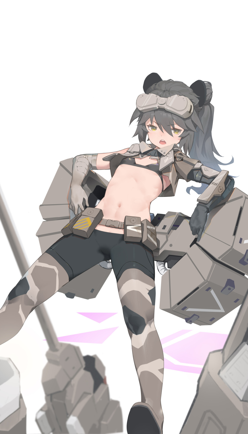 :< :o absurdres alice_gear_aegis animal_ears arm_support atk7 belt belt_pouch bikini bikini_top_only black_bikini bracer camouflage camouflage_pants chestnut_mouth commentary cropped_jacket elbow_gloves eyebrows_hidden_by_hair fake_animal_ears female gloves grey_hair headgear highres leggings long_hair looking_at_viewer lying mecha_musume midriff military navel on_back open_mouth pants ponytail pouch shinonome_chie short_sleeves solo spread_legs swimsuit symbol-only_commentary tight_clothes tight_pants white_background yellow_eyes