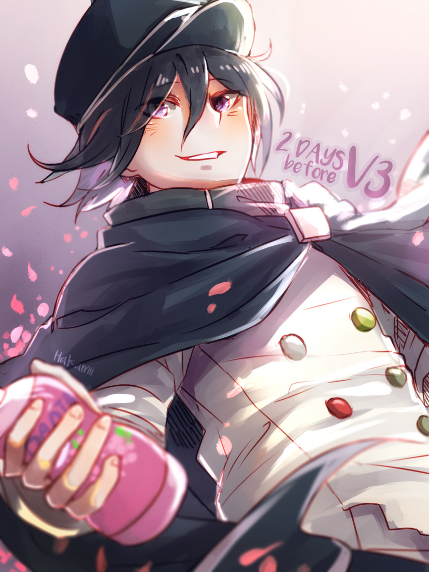 1boy artist_name black_cape black_hair black_hat blurry blurry_foreground bottle buttons cape danganronpa_(series) danganronpa_v3:_killing_harmony depth_of_field double-breasted dutch_angle english_commentary fanta from_below grey_background grin hair_between_eyes hakamii hat highres holding male_focus oma_kokichi petals purple_eyes short_hair smile solo teeth upper_body