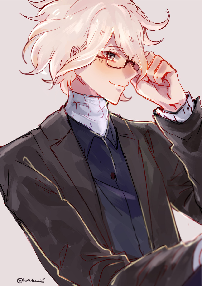 1boy bespectacled black_jacket blood blue_shirt blush closed_mouth danganronpa_(series) danganronpa_2:_goodbye_despair english_commentary from_side glasses grey_background hakamii highres jacket komaeda_nagito long_sleeves male_focus messy_hair open_clothes open_jacket shirt short_hair simple_background smile solo turtleneck twitter_username upper_body white_hair