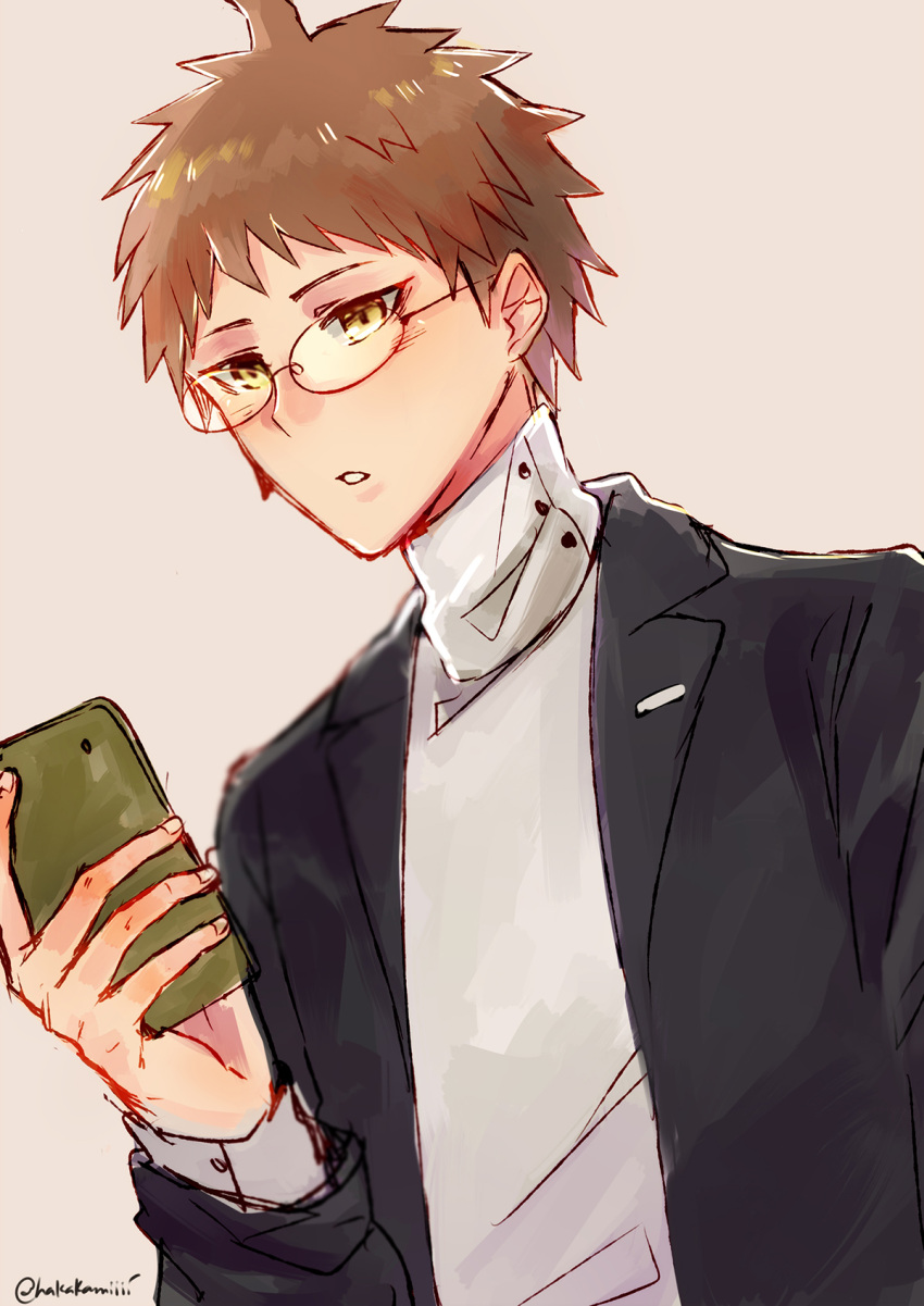 1boy ahoge bespectacled black_jacket brown_eyes brown_hair cellphone danganronpa_(series) danganronpa_2:_goodbye_despair english_commentary glasses grey_shirt hakamii hand_up highres hinata_hajime holding holding_phone jacket long_sleeves male_focus open_clothes open_jacket parted_lips phone rimless_eyewear shirt short_hair simple_background sitting solo teeth turtleneck twitter_username upper_body