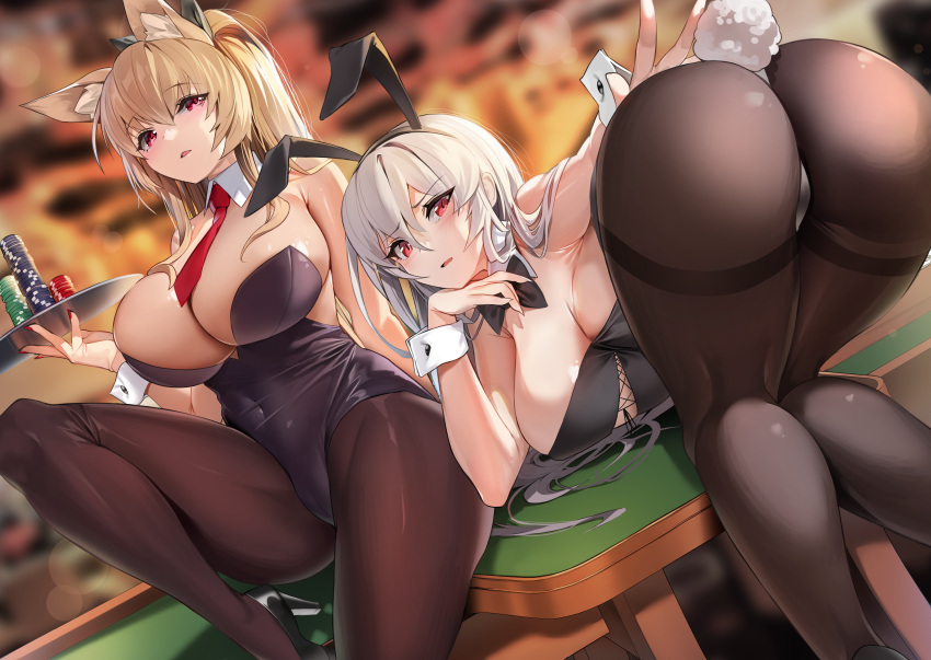 2girls absurdres animal_ears ass bent_over black_bow black_bowtie black_hairband black_legwear black_leotard blonde_hair blush bow bowtie breasts casino commission damda detached_collar ellin_meiji fake_animal_ears hairband highres large_breasts leotard lethe_rin long_hair multiple_girls necktie original pantyhose parted_lips playboy_bunny poker_chip rabbit_ears red_eyes red_necktie second-party_source sitting white_hair