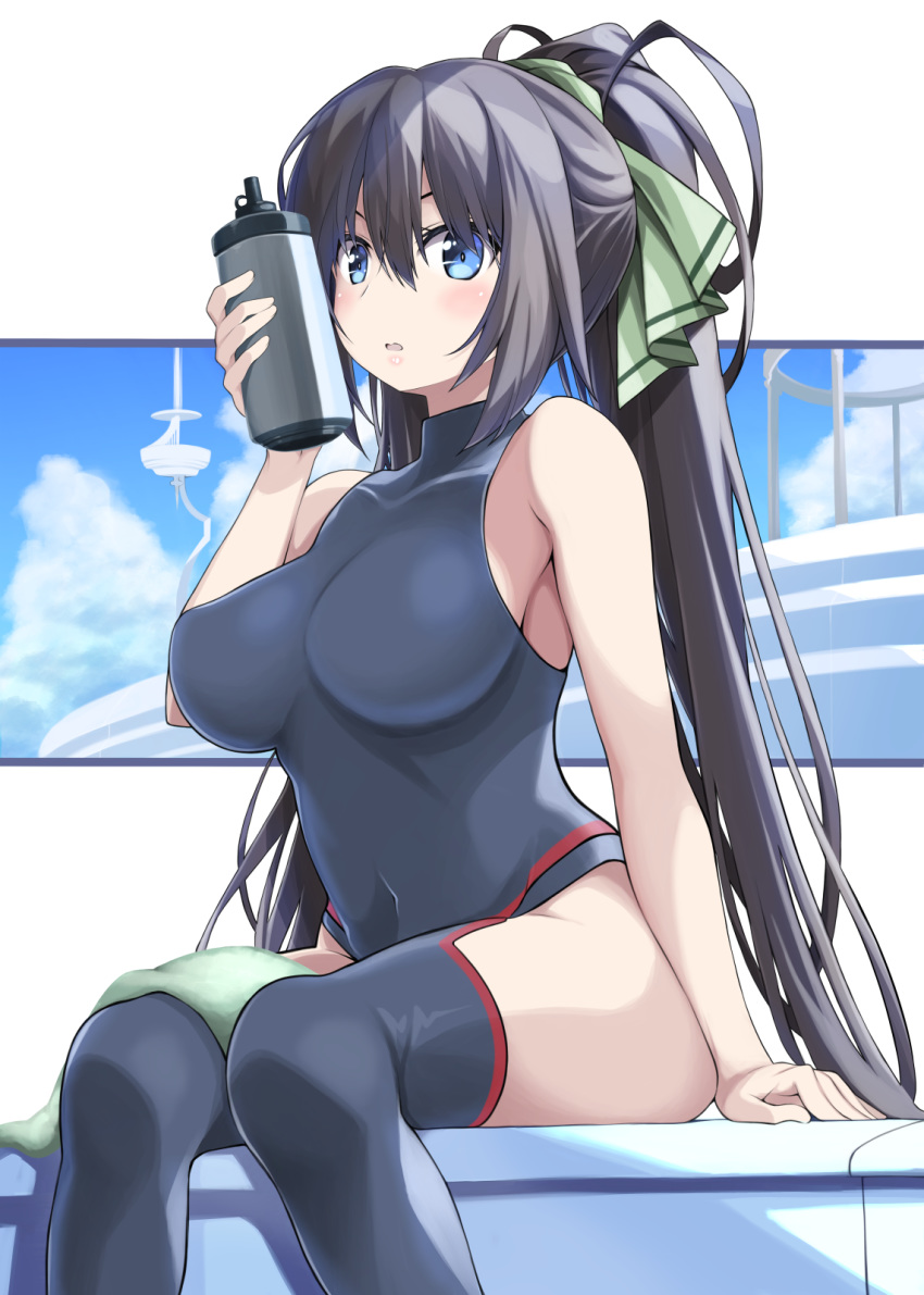 bare_shoulders black_hair black_leotard black_thighhighs blue_eyes blue_sky bottle bow breasts cloud covered_navel female green_bow hair_ribbon high_ponytail highres infinite_stratos large_breasts leotard long_hair looking_at_viewer pilot_suit ponytail ribbon ribucci science_fiction shinonono_houki sitting sky solo split_ponytail thighhighs water_bottle