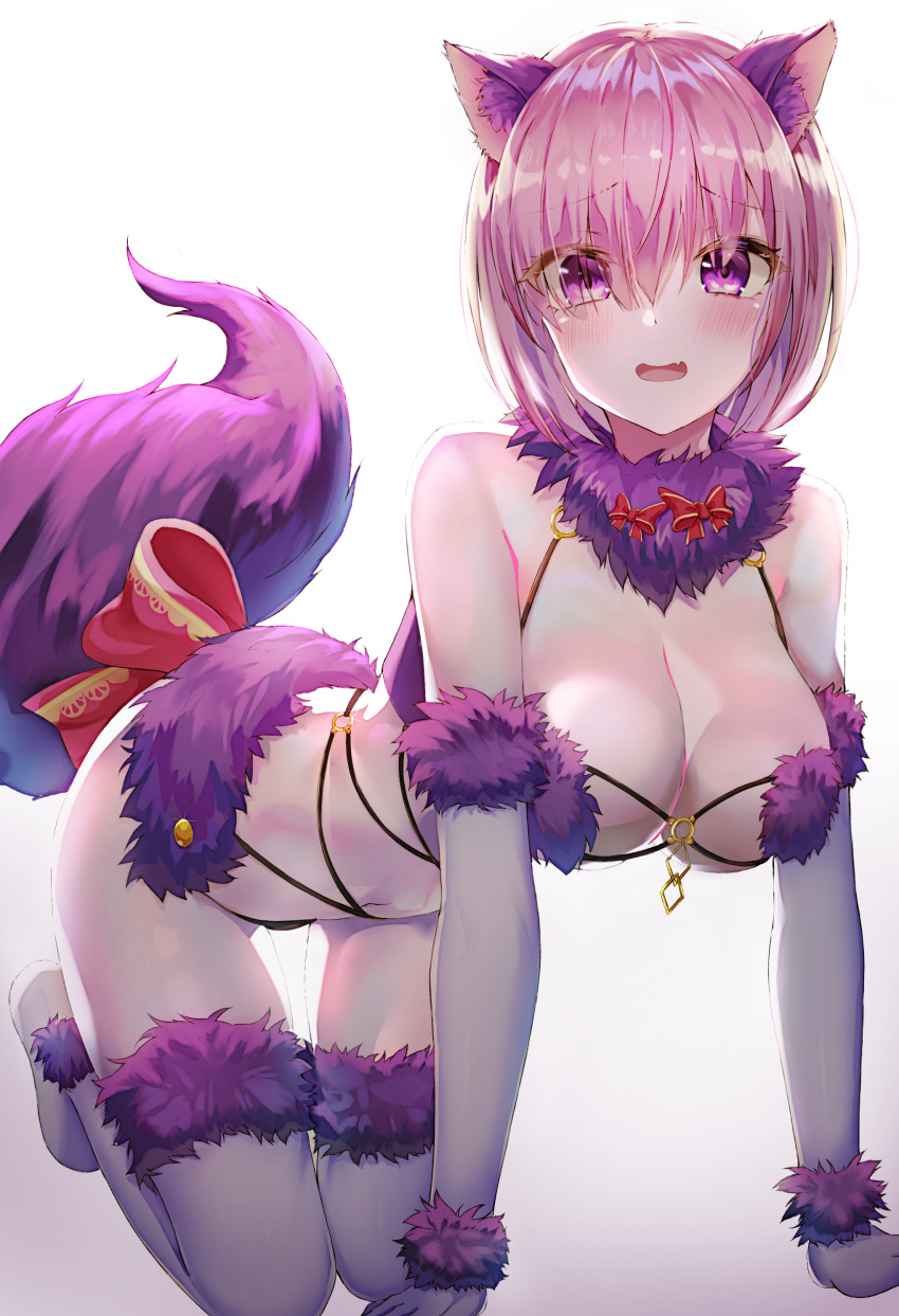 absurdres all_fours animal_ears bad_id bad_twitter_id blush breasts elbow_gloves fate/grand_order fate_(series) female fur_trim gloves gradient_background hair_over_one_eye halloween_costume highres large_breasts looking_at_viewer lotpi mash_kyrielight mash_kyrielight_(dangerous_beast) navel o-ring oerba_yun_fang official_alternate_costume open_mouth purple_eyes purple_gloves purple_hair purple_tail purple_thighhighs revealing_clothes short_hair skin_fang solo tail thighhighs wolf_ears wolf_tail