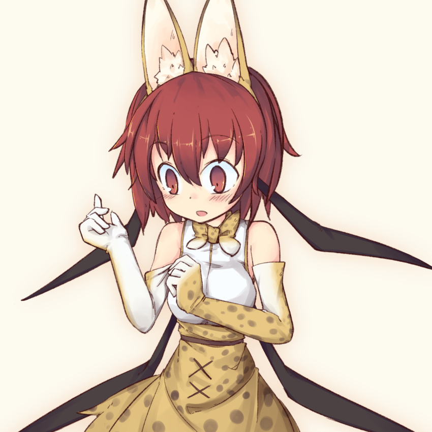 :o adjusting_clothes adjusting_gloves alternate_hair_length alternate_hairstyle animal_ear_fluff animal_ears ayase_yuuki_(mikan_mochi) bare_shoulders bat_wings blush bow bowtie breasts brown_bow brown_bowtie commentary_request cosplay cowboy_shot dress elbow_gloves female gloves head_wings highres kemono_friends koakuma long_hair looking_down low_wings medium_breasts polka_dot polka_dot_dress print_bow print_bowtie print_gloves print_skirt red_eyes red_hair serval_(kemono_friends) serval_(kemono_friends)_(cosplay) serval_print short_hair simple_background skirt sleeveless sleeveless_dress solo touhou two-tone_bowtie white_bow white_bowtie wings yellow_background