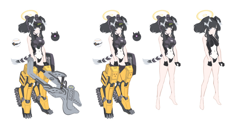 alternate_costume animal_ears armor barefoot black_hair blue_archive breastplate breasts concept_art dog_ears dog_tail drone female full_body gloves halo headgear hibiki_(blue_archive) highres holding leotard long_hair machinery mecha_musume mechanical_legs mimitoke multiple_views robot science_fiction simple_background small_breasts standing tail white_background wrench yellow_halo