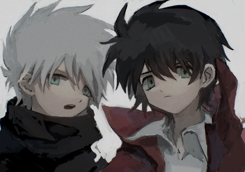 2boys bad_id bad_pixiv_id black_hair black_jacket blue_eyes coat darren_shan denri green_eyes jacket long_coat male_focus multiple_boys open_mouth red_coat scarf short_hair steve_leonard the_saga_of_darren_shan white_hair