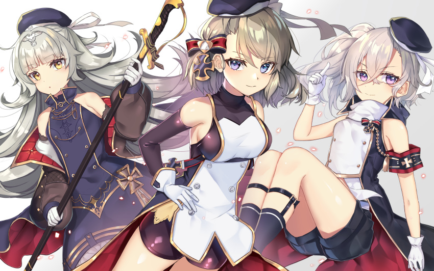 3girls armband armpits azur_lane bare_shoulders beret bike_shorts blonde_hair blue_eyes blunt_bangs breasts buttons closed_mouth commentary_request cross crossed_bangs detached_sleeves double-breasted expressionless grey_hair hair_between_eyes hat hat_ribbon headpiece highres holding holding_sword holding_weapon iron_cross jacket long_hair looking_at_viewer medium_breasts mkichi multiple_girls off_shoulder one_side_up purple_eyes ribbon sheath sheathed short_hair shorts sidelocks small_breasts smile swept_bangs sword weapon white_hair yellow_eyes z1_leberecht_maass_(azur_lane) z23_(azur_lane) z46_(azur_lane)