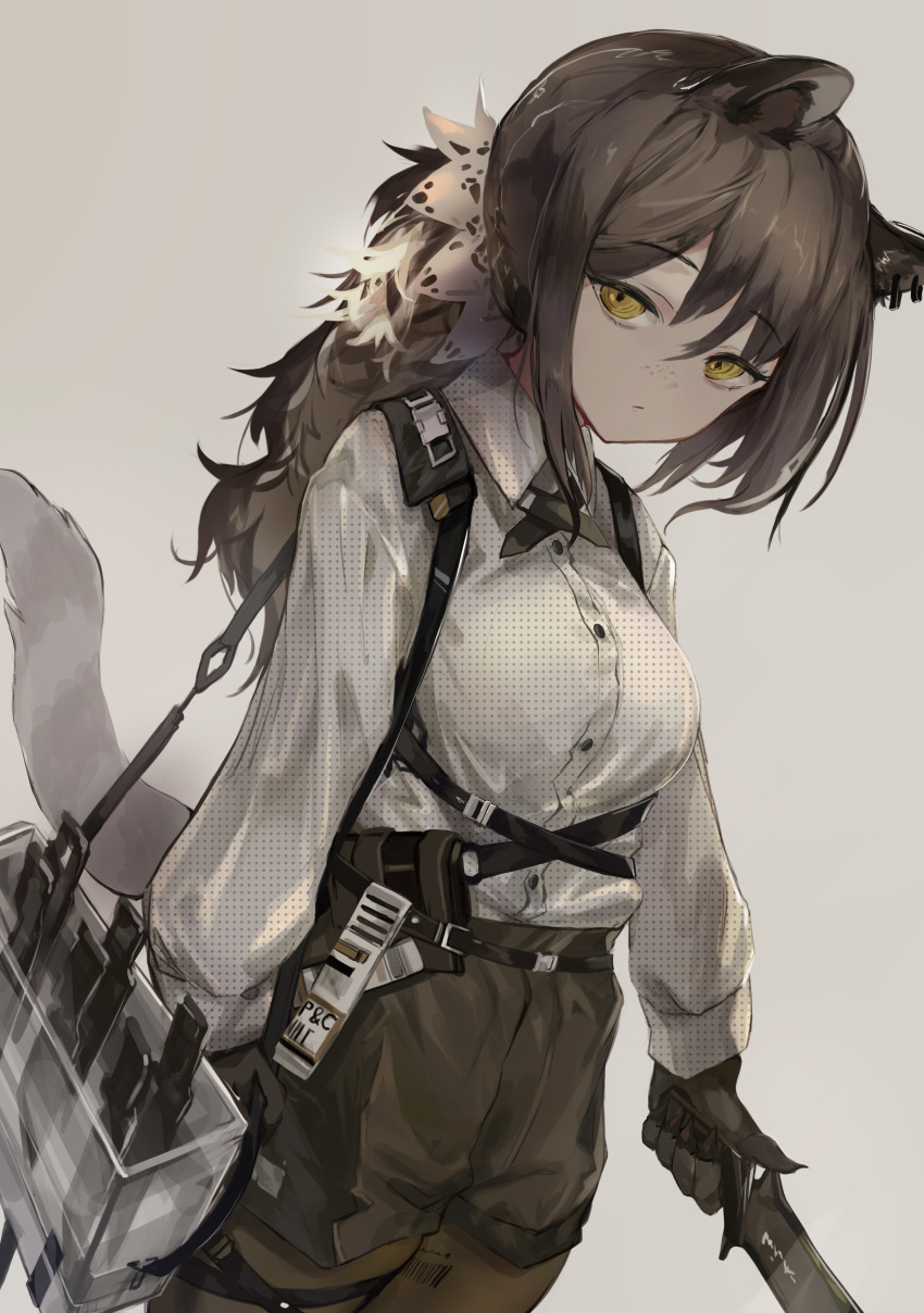 absurdres animal_ears animal_hands arknights bag black_necktie black_pantyhose black_shorts breasts brown_hair collared_shirt commentary cowboy_shot cross_tie female freckles grey_background highres holding holding_knife knife long_sleeves looking_at_viewer multicolored_hair necktie pantyhose pantyhose_under_shorts ponytail raccoon_ears raccoon_girl raccoon_tail robin_(arknights) shirt shorts shoulder_bag sidelocks simple_background small_breasts solo streaked_hair tail trrcmb white_hair yellow_eyes