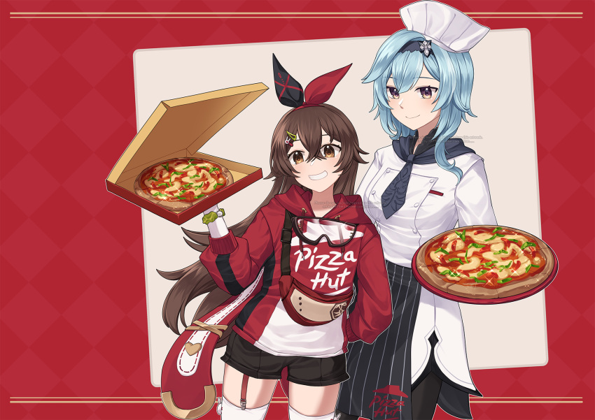 2girls amber_(genshin_impact) amber_(pizza_hut)_(genshin_impact) apron black_apron black_hairband black_shorts blue_hair brown_eyes brown_hair clothes_writing commentary cowboy_shot eula_(genshin_impact) eula_(pizza_hut)_(genshin_impact) food garter_straps genshin_impact goggles goggles_around_neck grin hair_between_eyes hair_ornament hair_ribbon hairband hairclip hand_up height_difference highres hood hoodie long_hair long_sleeves looking_at_viewer multiple_girls official_alternate_costume pizza pizza_box pizza_hut red_background red_hoodie ribbon rktsm shirt short_shorts shorts smile standing thighhighs very_long_hair white_headwear white_shirt white_thighhighs