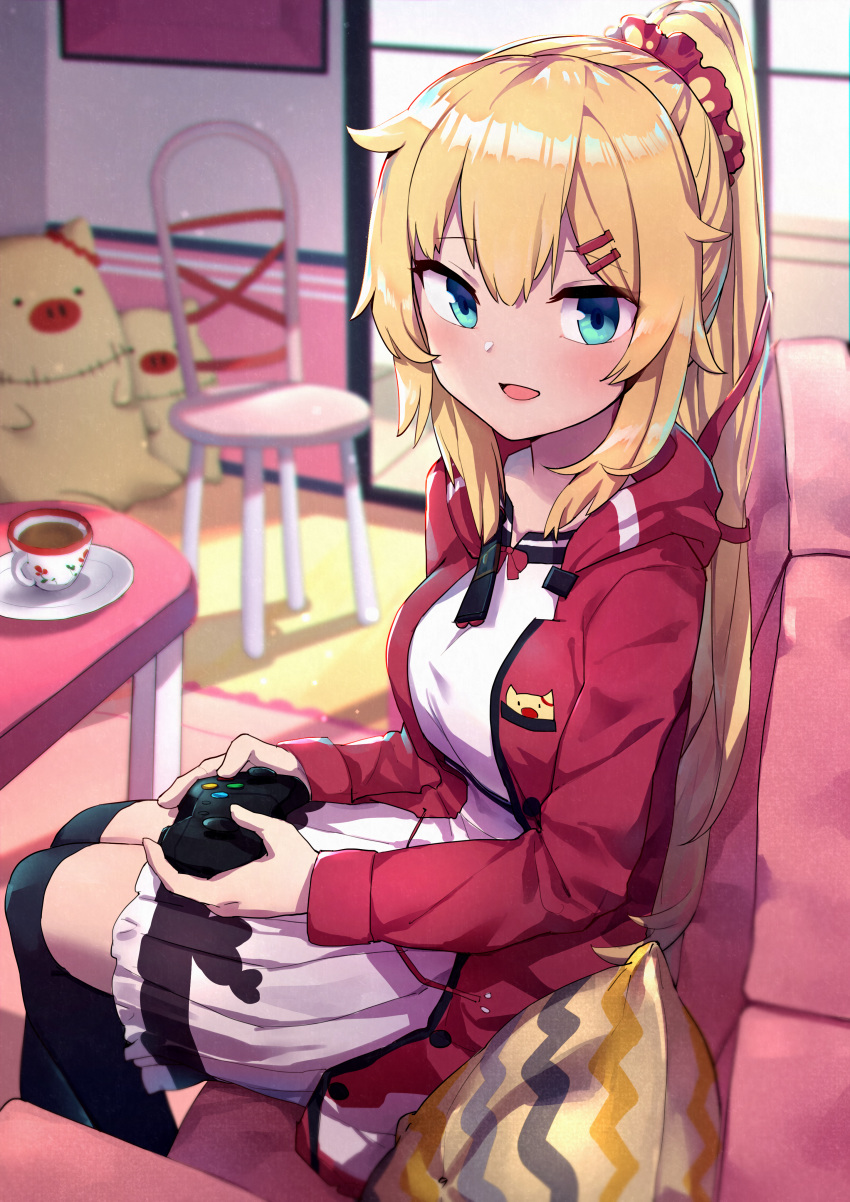 absurdres akai_haato akai_haato_(casual) aqua_eyes black_thighhighs blonde_hair breasts chair controller couch cup female from_side haaton_(akai_haato) hair_between_eyes highres holding holding_controller hololive hood hoodie jacket large_breasts long_hair long_sleeves looking_at_viewer mr.lime official_alternate_costume official_alternate_hairstyle open_mouth over-kneehighs playing_games ponytail red_jacket saucer sidelocks sitting skirt smile solo stuffed_animal stuffed_toy tea teacup thighhighs very_long_hair virtual_youtuber