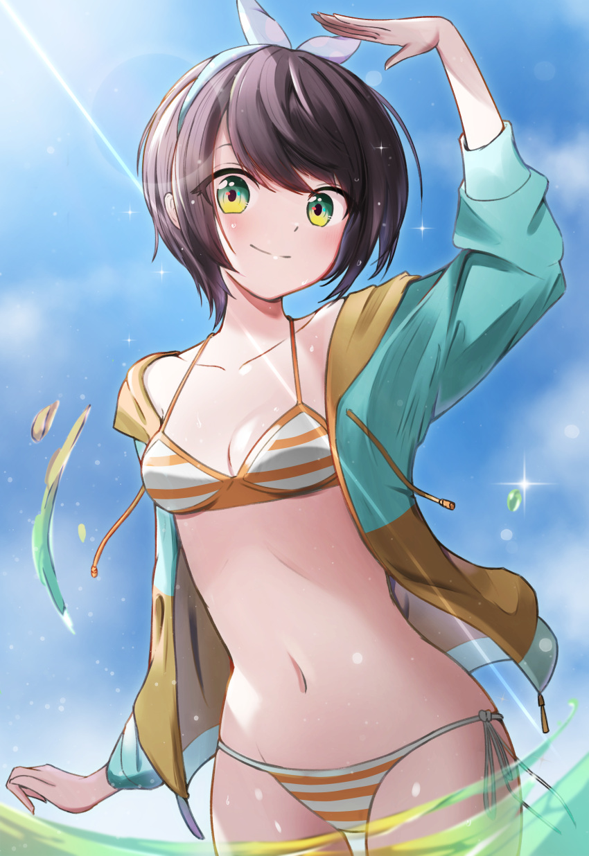 absurdres bikini black_hair blue_eyes blue_hairband blue_sky breasts cloud commentary female hairband highres hololive jacket md5_mismatch multicolored_clothes multicolored_jacket navel oozora_subaru oozora_subaru_(hololive_summer_2019) open_clothes outdoors partially_underwater_shot polka_dot_hairband short_hair side-tie_bikini_bottom sky small_breasts solo stomach swept_bangs swimsuit tokisaka_makoto two-tone_jacket virtual_youtuber wading water yellow_bikini