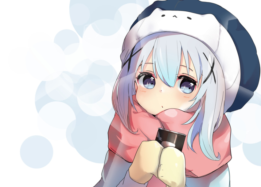 blue_eyes blue_hair blue_hat blush can closed_mouth commentary_request female gochuumon_wa_usagi_desu_ka? hair_between_eyes hair_ornament hands_up hat holding holding_can houjichaoic kafuu_chino long_hair looking_at_viewer mittens pink_scarf scarf solo upper_body x_hair_ornament yellow_mittens