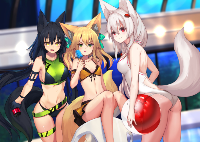 3girls animal_ear_fluff animal_ears ass back_cutout backless_outfit backless_swimsuit ball bare_shoulders beachball belt bikini bikini_skirt black_gloves black_hair blonde_hair blurry breasts character_request cleavage closed_mouth clothing_cutout depth_of_field fox_ears fox_girl fox_tail front-tie_bikini_top front-tie_top gloves green_eyes groin hair_between_eyes hair_ornament hair_ribbon highres holding kokonoe_tsubaki long_hair looking_at_viewer medium_breasts medium_hair multicolored_tail multiple_girls multiple_tails navel one-piece_swimsuit open_mouth original red_eyes ribbon sideboob small_breasts smile stomach strap string_bikini swimsuit tail thigh_strap thighs tongue tongue_out two-tone_bikini two_tails v-shaped_eyebrows wet white_hair wristband yellow_eyes yoshizawa_tsubaki