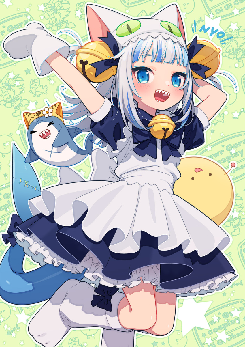 >_< :d alternate_costume animal_hat arms_up bell bloop_(gawr_gura) blue_eyes blue_hair commentary cosplay dejiko dejiko_(cosplay) di_gi_charat enmaided female fins fish_tail gawr_gura gema grey_hair hair_bell hair_ornament hat highres hololive hololive_english jingle_bell long_hair looking_at_viewer maid mittens multicolored_hair neck_bell puchiko puchiko_(cosplay) puffy_short_sleeves puffy_sleeves shark_girl shark_tail sharp_teeth short_sleeves smile solo streaked_hair tail teeth two-tone_hair uchako virtual_youtuber white_mittens xd