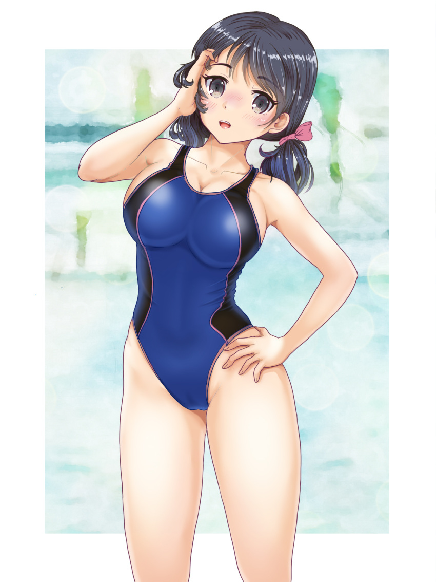 black_eyes black_hair blue_one-piece_swimsuit breasts cleavage collarbone commentary_request competition_swimsuit cowboy_shot female hand_on_own_hip head_tilt highleg highleg_swimsuit highres large_breasts looking_at_viewer low_twintails mashinatsu medium_hair one-piece_swimsuit open_mouth original photoshop_(medium) solo standing swimsuit twintails