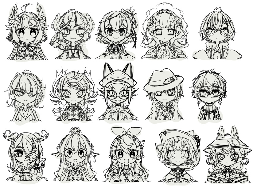 5boys 6+girls absurdres animal_ears clothing_cutout crown dress elira_pendora elira_pendora_(1st_costume) enna_alouette ethyria everyone finana_ryugu fins fish_girl fox_ears fox_girl glasses greyscale hair_over_one_eye hat head_fins head_wings highres hood hoodie ike_eveland ike_eveland_(1st_costume) lanyard lazulight long_hair looking_at_viewer luca_kaneshiro luxiem millie_parfait monochrome multiple_boys multiple_girls mysta_rias nijisanji nijisanji_en nina_kosaka obsydia_(nijisanji) one_eye_covered petra_gurin pointy_ears pomu_rainpuff pomu_rainpuff_(1st_costume) reimu_endou rosemi_lovelock rosemi_lovelock_(1st_costume) round_eyewear sanada_ima selen_tatsuki selen_tatsuki_(1st_costume) shoulder_cutout shu_yamino sleeves_past_fingers sleeves_past_wrists smile virtual_youtuber vox_akuma wings witch_hat