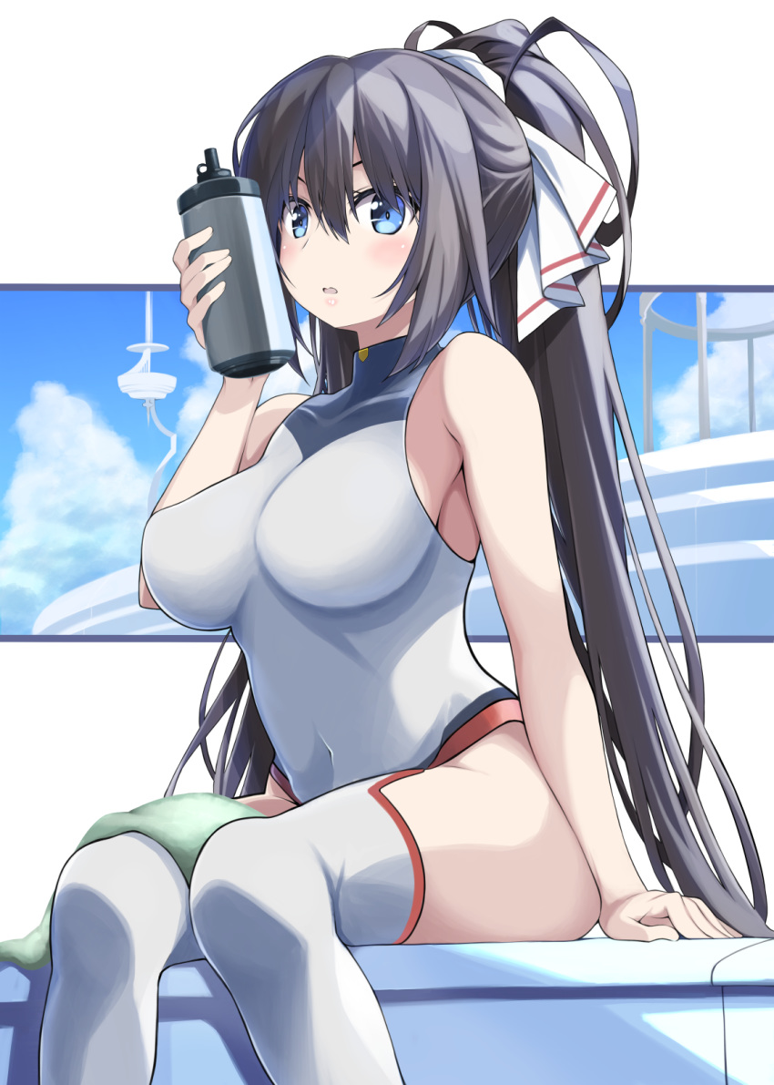 bare_shoulders black_hair blue_eyes blue_sky bottle bow breasts cloud covered_navel female green_bow hair_ribbon high_ponytail highres infinite_stratos large_breasts leotard long_hair looking_at_viewer pilot_suit ponytail ribbon ribucci science_fiction shinonono_houki sitting sky solo split_ponytail thighhighs water_bottle white_leotard white_thighhighs