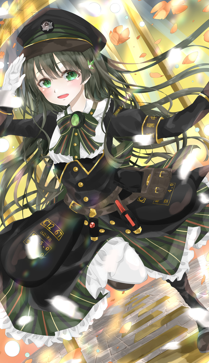 absurdres bag belt bow breasts coat dress eyebrows_hidden_by_hair female gloves green_eyes green_hair hair_between_eyes handbag hat highres long_hair looking_at_viewer military_hat moderate_gold petals rail_romanesque solo sunlight suzushiro_(rail_romanesque) uniform white_gloves window