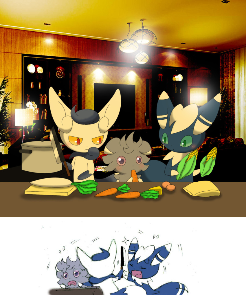 2014 :< abuse ambiguous_gender bad_parenting blue_body blue_fur blush bodily_fluids book carrot closed_eyes cooking_pot corn curtains detailed_background egg espurr felid food fur furniture generation_6_pokemon green_eyes group hi_res inside kitchen knife lamp lights magazine mammal meowstic nintendo open_mouth photo_background photography_(artwork) pillow plant plate pokemon pokemon_(species) sofa sweat vegetable winick-lim