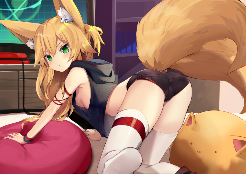 all_fours animal_ear_fluff animal_ears arm_strap armpit_crease ass bare_shoulders black_hoodie black_shorts blonde_hair breasts closed_mouth crop_top crop_top_overhang denim denim_shorts female fox_ears fox_girl fox_tail frown green_eyes hair_between_eyes hood hood_down hoodie kokonoe_tsubaki large_tail long_hair looking_at_viewer looking_back micro_shorts midriff multiple_tails no_bra no_shoes original panties panty_peek pillow pout red_panties shorts sideboob sleeveless sleeveless_hoodie small_breasts stuffed_animal stuffed_toy tail thighhighs thighs two_tails underwear v-shaped_eyebrows white_thighhighs wristband yoshizawa_tsubaki