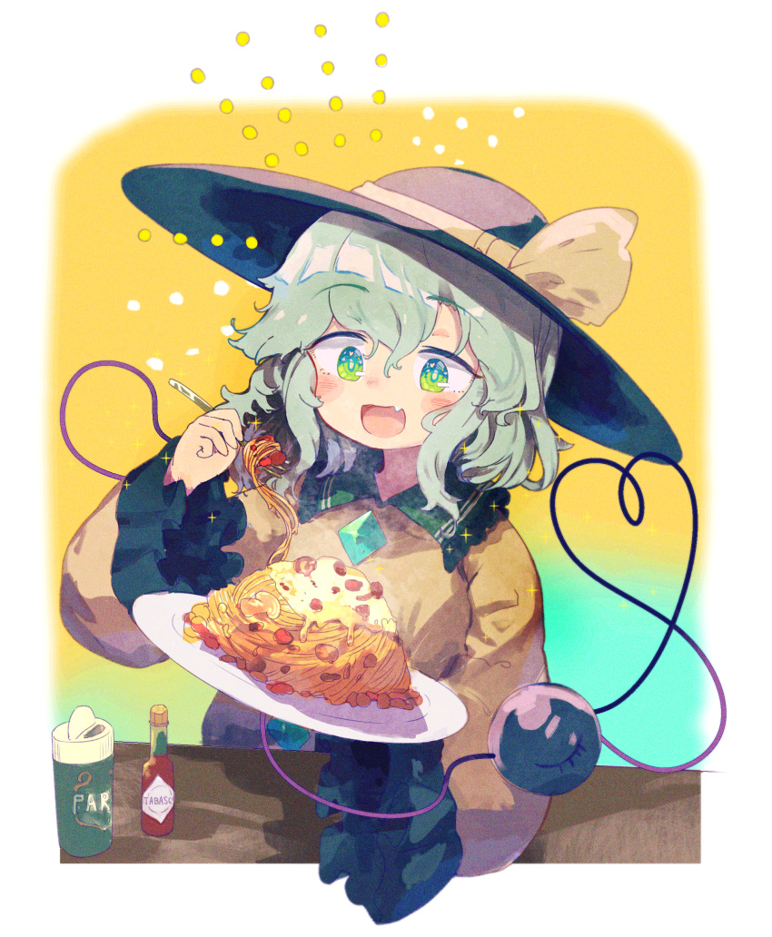 :d absurdres aqua_background aqua_eyes black_hat blouse blush border bow collared_shirt eating eyeball female film_grain food fork frilled_shirt_collar frills gradient_background green_eyes green_hair hair_between_eyes hands_up happy hat hat_bow hat_ribbon heart heart_in_eye heart_of_string highres holding holding_food holding_fork holding_plate hot_sauce komeiji_koishi light_green_hair long_sleeves medium_hair no_nose noodles nose_blush oerba_yun_fang open_mouth outside_border pasta plate product_placement ribbon rounded_corners sauce shirt skin_fang smile solo spaghetti sparkle steam symbol_in_eye tabasco table tareme third_eye toroid_(621997) touhou two-tone_background upper_body wavy_hair white_border wide_sleeves yellow_background yellow_bow yellow_ribbon yellow_shirt