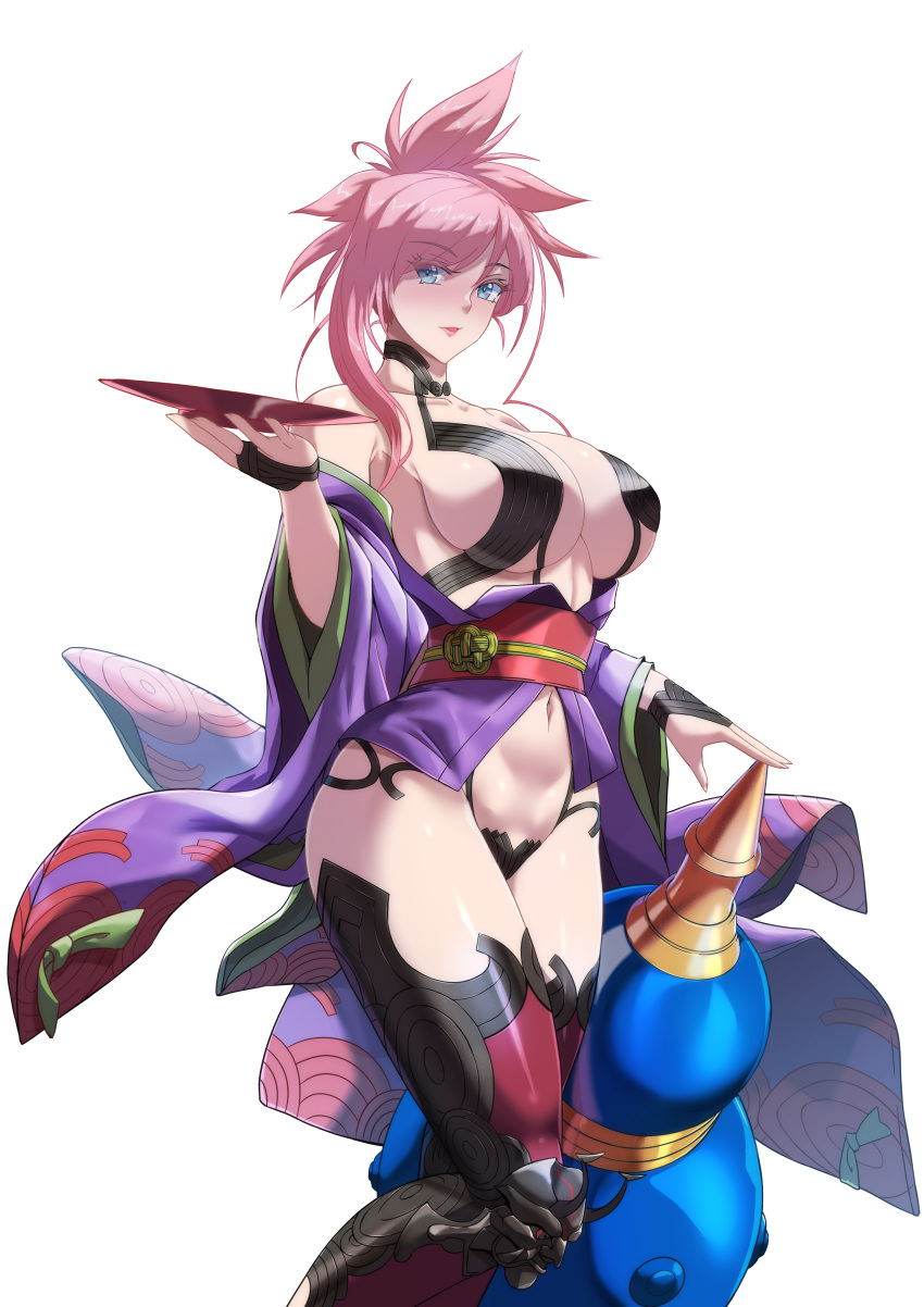 absurdres bare_shoulders blue_eyes blush breasts cleavage collarbone commentary cosplay fate/grand_order fate_(series) female highres japanese_clothes kimono large_breasts long_hair long_sleeves looking_at_viewer miyamoto_musashi_(fate) navel pink_hair ponytail purple_kimono revealing_clothes shuten_douji_(fate) shuten_douji_(fate)_(cosplay) solo swept_bangs thighs torahime_(roland00) wide_sleeves