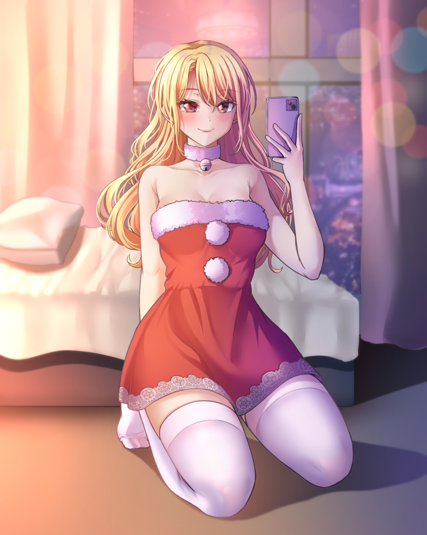 arms_behind_back bang_dream! bed bell blonde_hair blush breasts brown_eyes cellphone christmas closed_mouth curtains dress female full_body fur-trimmed_dress fur_choker fur_trim highres holding holding_phone indoors jingle_bell kirigaya_toko kneeling long_hair looking_at_viewer medium_breasts neck_bell night phone ptal red_dress santa_dress selfie smartphone smile solo strapless strapless_dress taking_picture thighhighs white_thighhighs window