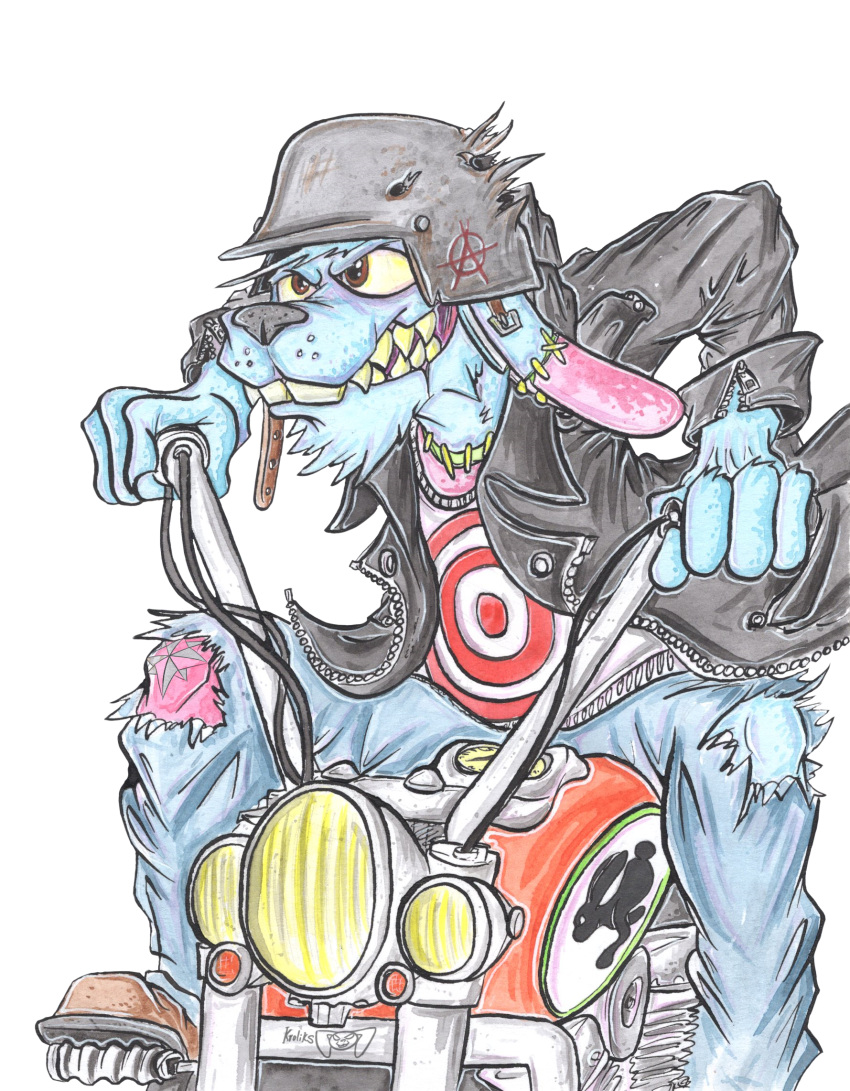 2019 3_fingers alpha_channel anthro armor biker blue_body blue_fur boots buckteeth clothed clothing damaged ear_piercing facial_hair fangs fingers footwear front_view fur hare headgear helmet hi_res hodgepodge_(krolik) jacket jewelry krolik lagomorph leather leather_clothing leather_jacket leather_topwear leporid long_ears male mammal markings motorcycle multicolored_body multicolored_fur piercing pink_body pink_fur portrait pose rabbit red_eyes scar sharp_teeth signature solo surgical_suture tattoo teeth topwear traditional_media_(artwork) undead vehicle zombie