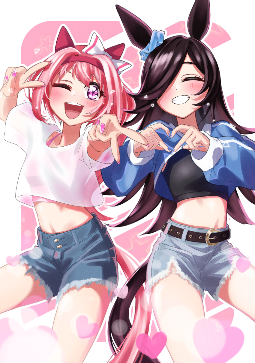 2girls absurdres alternate_costume animal_ears belt black_shirt blush breasts closed_eyes commentary_request crop_top cutoffs denim denim_shorts double_v ear_covers ear_scrunchie feet_out_of_frame freely2327 grin hair_over_one_eye hairband hands_up haru_urara_(umamusume) heart heart_hands highres horse_ears horse_girl horse_tail long_sleeves midriff multiple_girls navel one_eye_closed open_mouth reaching reaching_towards_viewer rice_shower_(umamusume) shirt shorts shrug_(clothing) small_breasts smile tail umamusume v white_shirt