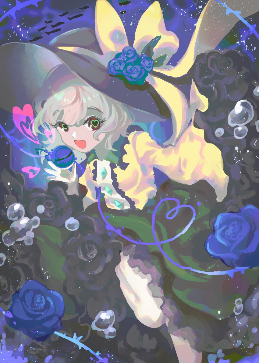 black_footwear black_headwear blouse blue_flower blue_rose bubble buttons collared_blouse commentary diamond_button eyeball female fish flower frilled_shirt_collar frills green_eyes green_skirt hat heart heart-shaped_pupils heart_of_string highres komeiji_koishi kotonoman long_skirt long_sleeves one-hour_drawing_challenge open_mouth ribbon rose shoes silver_hair skirt smile solo symbol-shaped_pupils third_eye thorns touhou wavy_hair wide_sleeves yellow_blouse yellow_ribbon