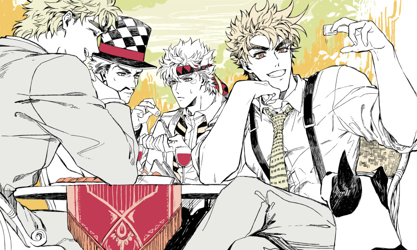 4boys absurdres alcohol bad_id bad_pixiv_id battle_tendency caesar_anthonio_zeppeli canine cup danny_(jojo) drinking_glass family food hat headband highres jojo_no_kimyou_na_bouken jonathan_joestar joseph_joestar joseph_joestar_(young) male_focus multiple_boys muted_color necktie nigelungdayo phantom_blood salt_shaker sandwich suspenders table time_paradox top_hat triangle_print will_anthonio_zeppeli wine wine_glass