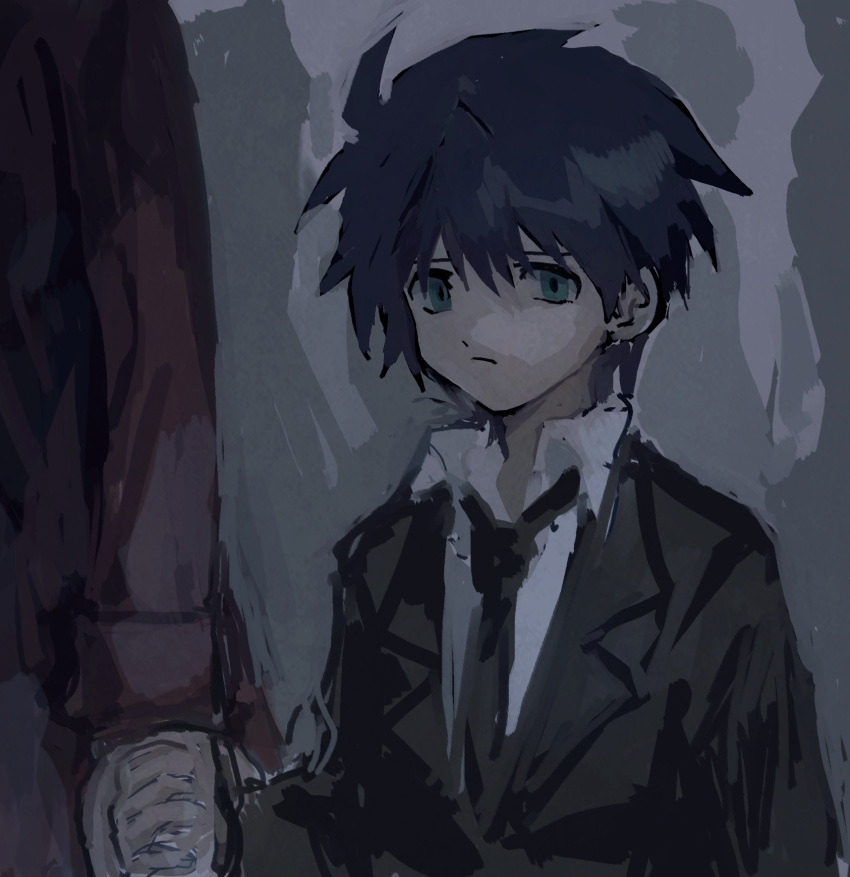 2boys bad_id bad_pixiv_id black_hair black_necktie collared_shirt darren_shan denri formal green_eyes highres holding_hands larten_crepsley light_frown long_coat male_focus multiple_boys muted_color necktie out_of_frame shirt short_hair solo_focus suit the_saga_of_darren_shan upper_body white_shirt