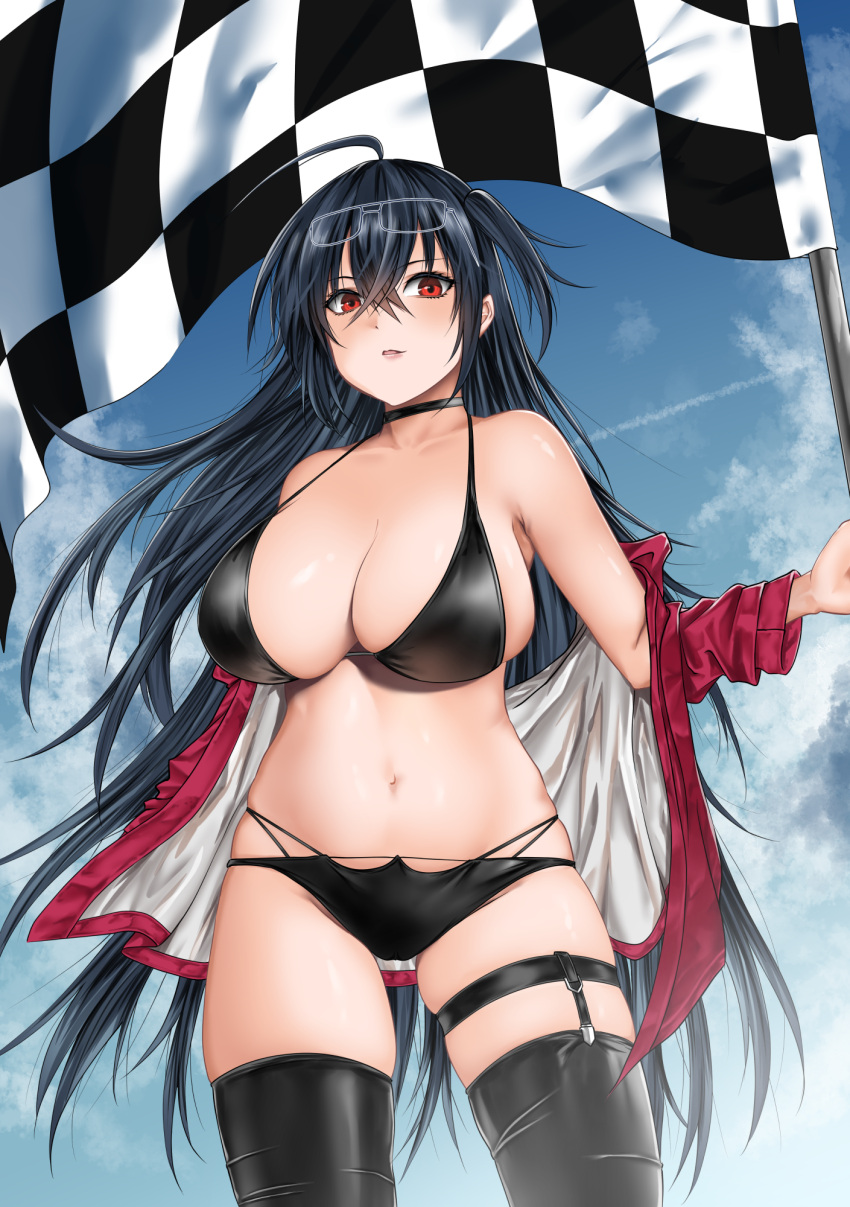 azur_lane bare_shoulders bikini black_bikini black_choker black_hair black_thighhighs blue_sky breasts checkered_flag choker cleavage crossed_bangs eyewear_on_head female flag from_below haru_(hr_works) highleg highleg_bikini highres holding holding_flag huge_breasts jacket long_hair looking_at_viewer multi-strapped_bikini_bottom official_alternate_costume open_clothes open_jacket race_queen red_eyes red_jacket skindentation sky solo swimsuit taihou_(azur_lane) taihou_(enraptured_companion)_(azur_lane) thigh_strap thighhighs very_long_hair