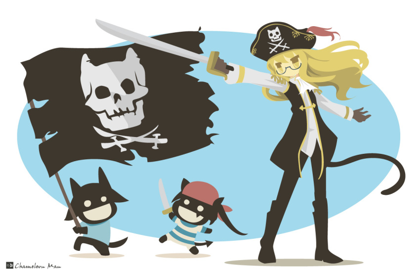 3girls ascot bad_id bad_pixiv_id blonde_hair cat_girl cat_tail chameleon_man_(three) cutlass flag flat_color francesca_lucchini glasses hat jolly_roger miyafuji_yoshika multiple_girls no_lineart pantyhose perrine_h._clostermann pirate_hat silhouette_demon skull_and_crossed_swords strike_witches sword tail weapon world_witches_series yellow_eyes