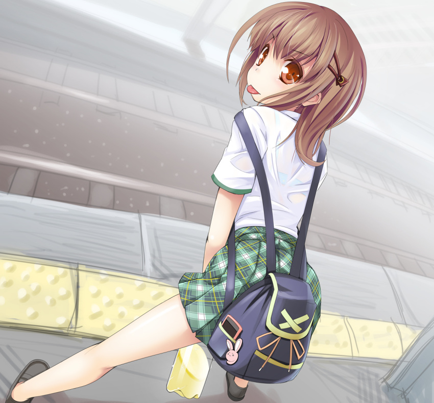 bag bottle brown_hair commentary_request female highres looking_back orange_eyes original pee_in_container peeing peeing_in_bottle photoshop_(medium) railroad_tracks school_uniform short_hair short_sleeves solo tongue urine wapokichi